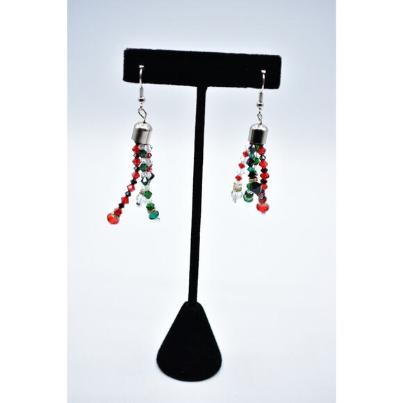 Vintage Crystal Beaded Earrings Christmas Holiday Shiny Dangle Red Green Bin7 - Picture 2 of 11